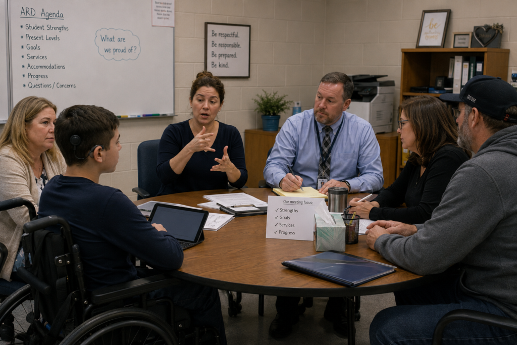 Educational ASL interpreter signing during an ARD and IEP meeting with a Deaf student, parents, and school staff