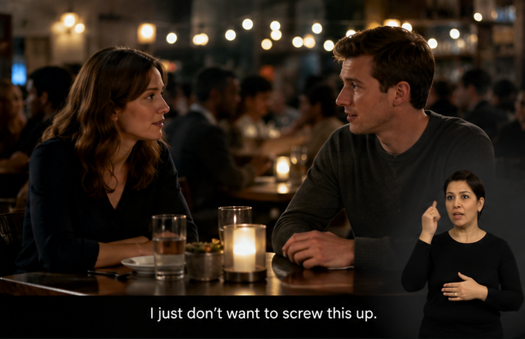 Video still of two people talking at a bar with an ASL interpreter signing in the lower right corner and the caption: I just don't want to screw this up.