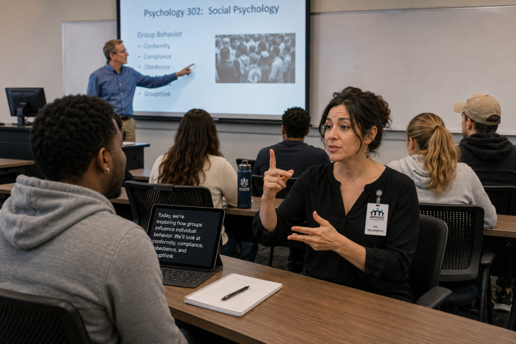 Educational ASL interpreter signing a university lecture for a Deaf college student