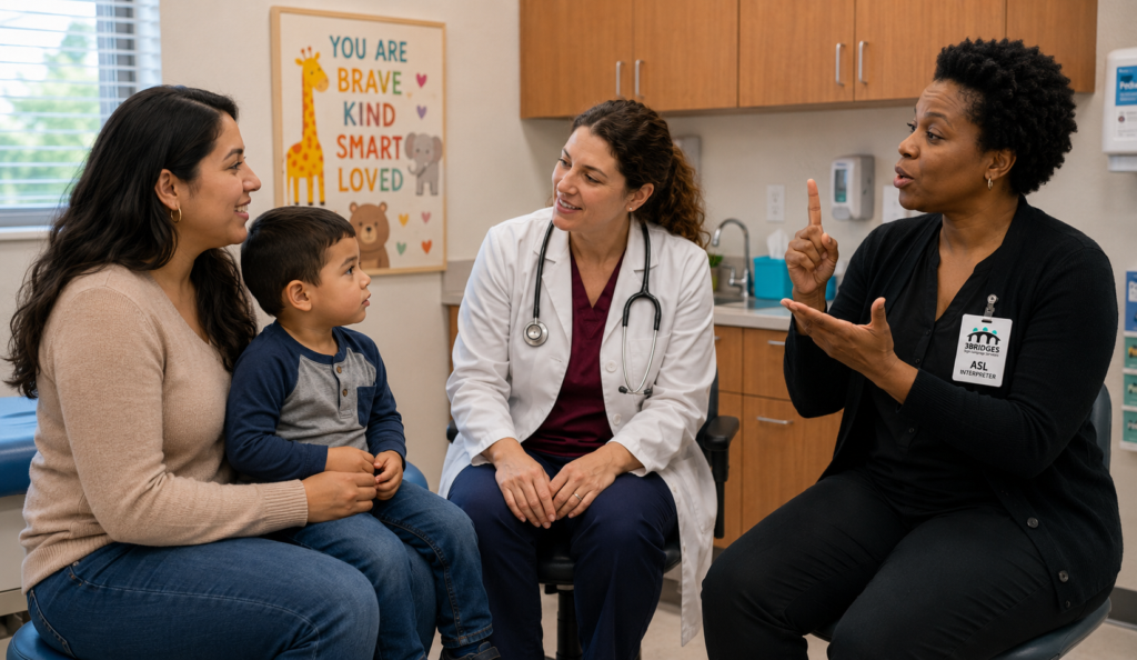 Medical ASL interpreter signing for a Deaf mother and her child during a pediatric appointment
